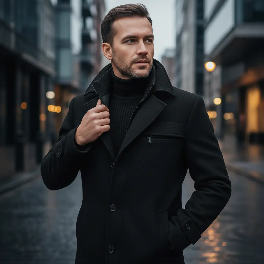 Elegancki Płaszcz Zimowy Męski Czarny – Klasyczny Styl i Komfort