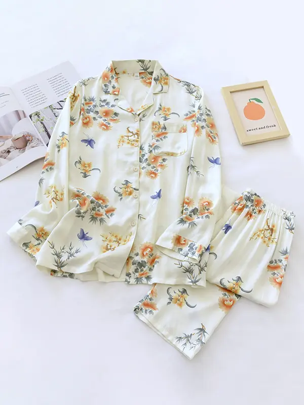 Kwiatowy Zestaw Piżam Damskich z Klasycznym Kołnierzykiem – Komfort i Elegancja-Nova Nowak