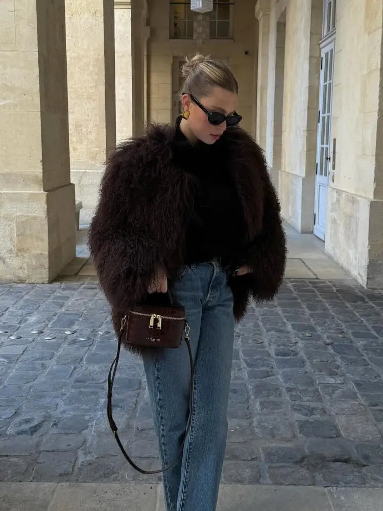 Puszyste futro typu lama dla kobiet – Elegancki i ciepły płaszcz na zimę