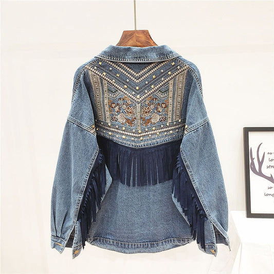 Etniczna kurtka jeansowa dla kobiet – Boho styl z frędzlami