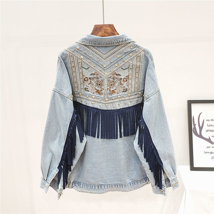 Etniczna kurtka jeansowa dla kobiet – Boho styl z frędzlami