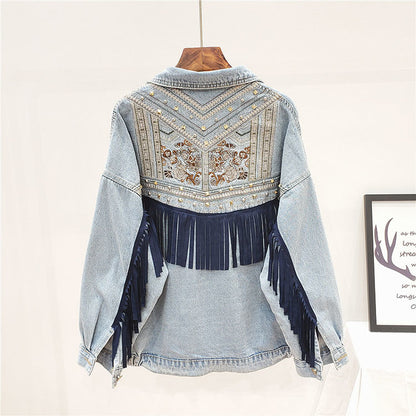 Etniczna kurtka jeansowa dla kobiet – Boho styl z frędzlami