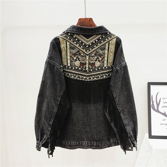 Etniczna kurtka jeansowa dla kobiet – Boho styl z frędzlami