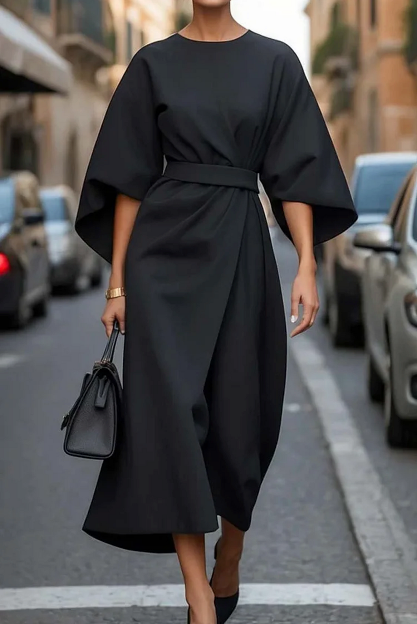 Louise Damska Elegancka Sukienka – Kobiecy Krój z Rękawami w Stylu Latarenek & Regulowanym Pasem