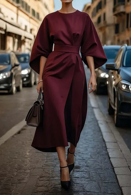 Louise Damska Elegancka Sukienka – Kobiecy Krój z Rękawami w Stylu Latarenek & Regulowanym Pasem