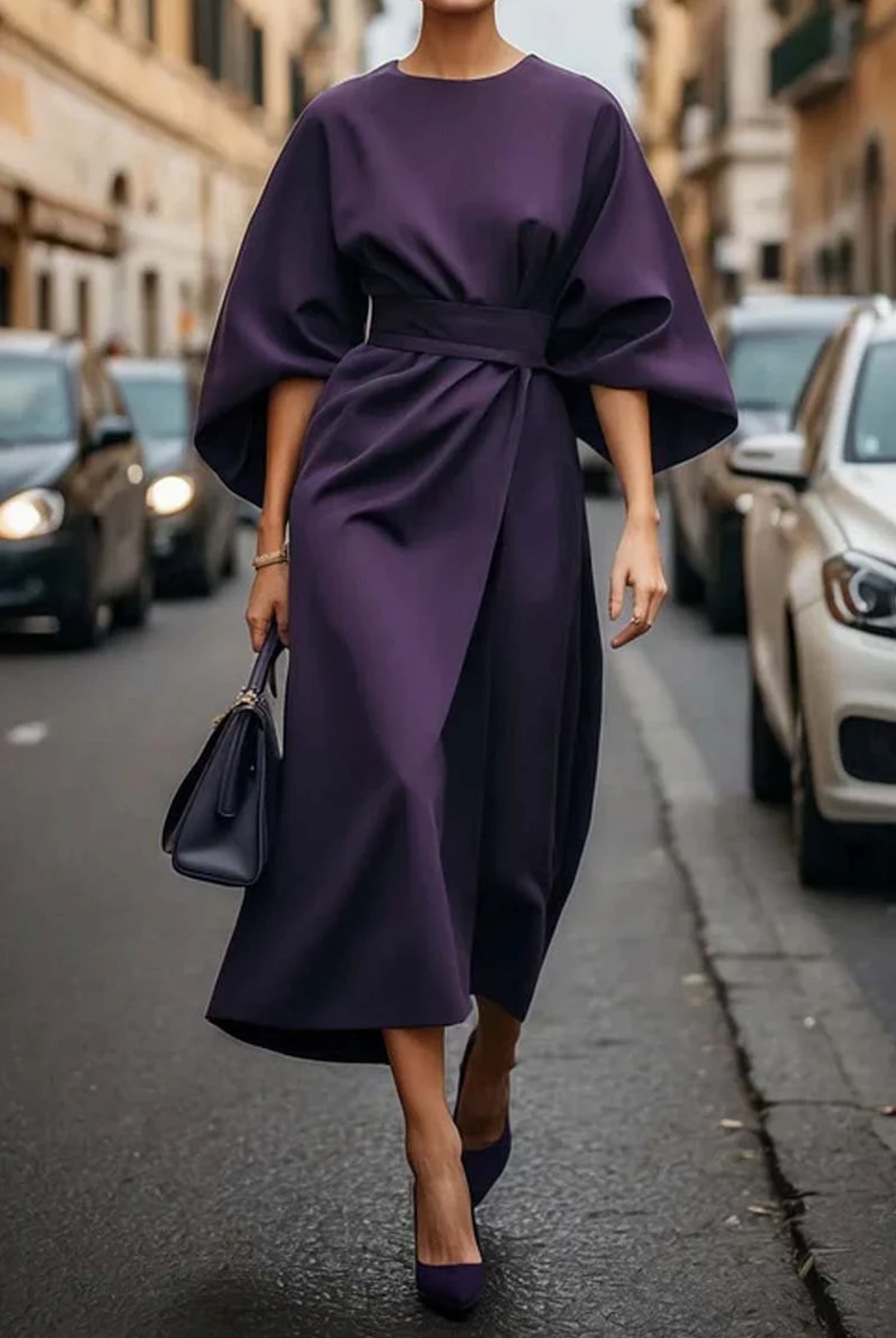 Louise Damska Elegancka Sukienka – Kobiecy Krój z Rękawami w Stylu Latarenek & Regulowanym Pasem